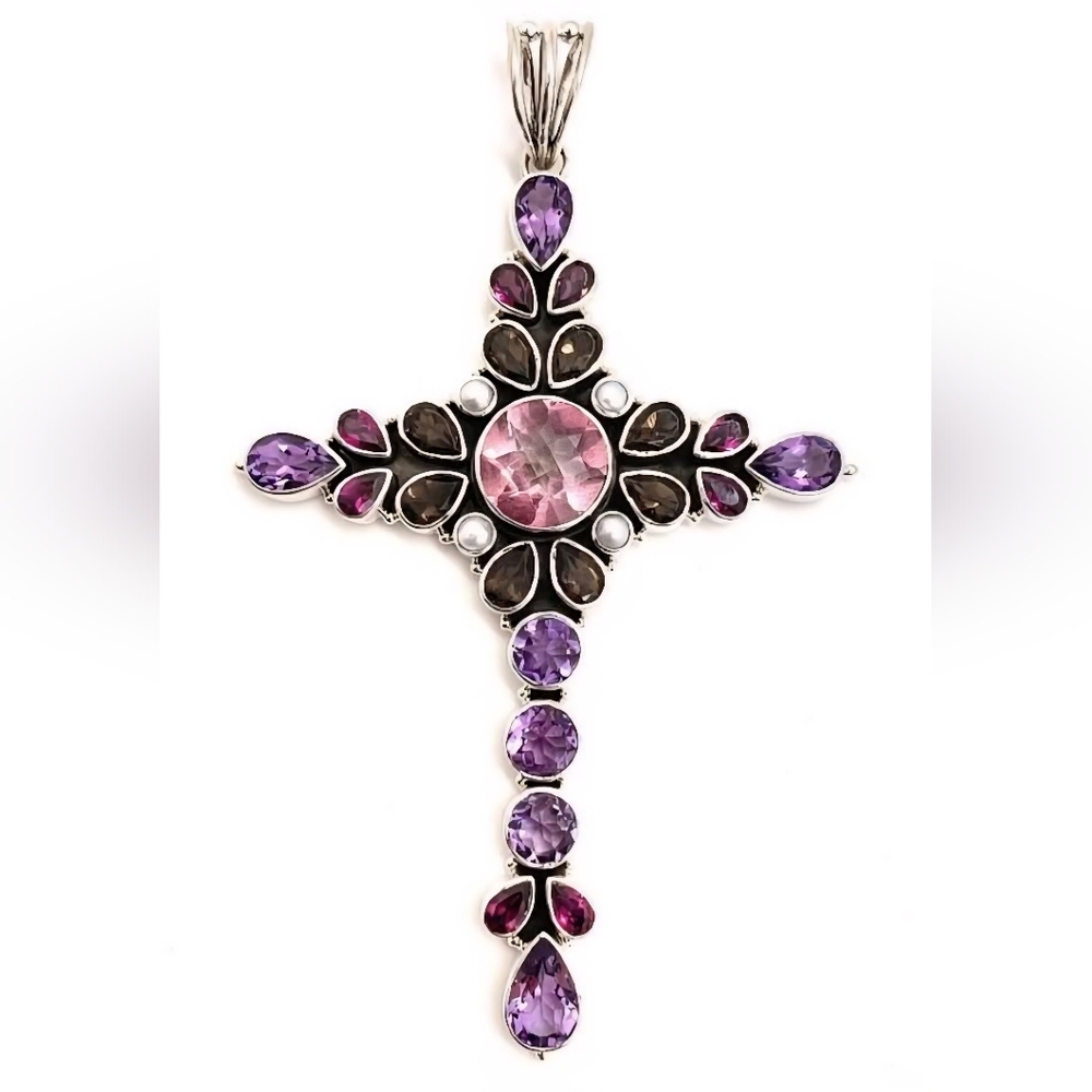 Nicky Butler 925 Sterling Silver Designer Pink Quartz Rhodolite Garnet Pendant - Picture 7 of 8